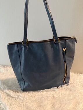 FOSSIL Classic Navy Leather Tote Bag with Gold Accents